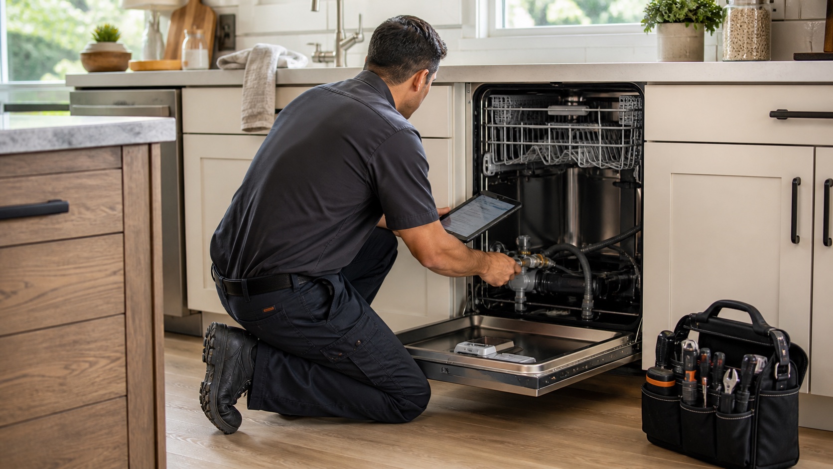 An appliance technician uses a tablet while servicing a dishwasher