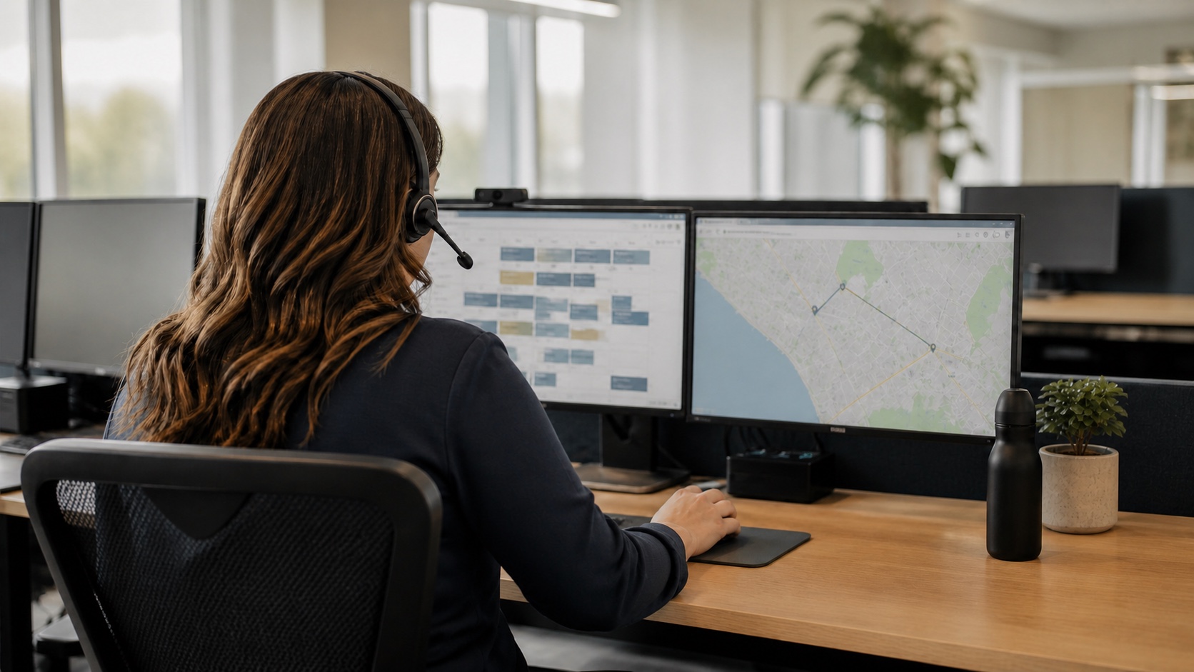A dispatcher coordinates service calls using scheduling and route views